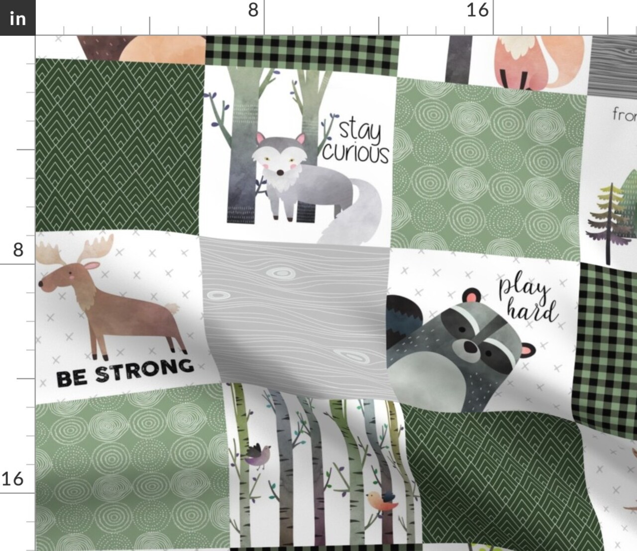 Woodland Animals Forest Cheater Quilt Bear Fox Moose Wholecloth Green Brown Topper Custom Printed Fabric by Spoonflower Various Fabrics by the Yard or Fat Quarter